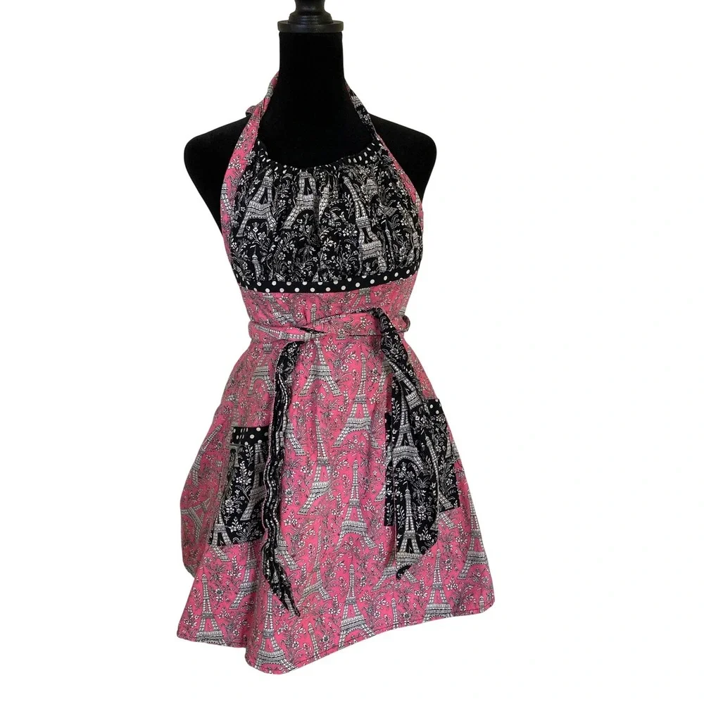 Pink Black Reversible Eiffel Tower Paris Floral Apron Polka Dot Trim Pockets‎